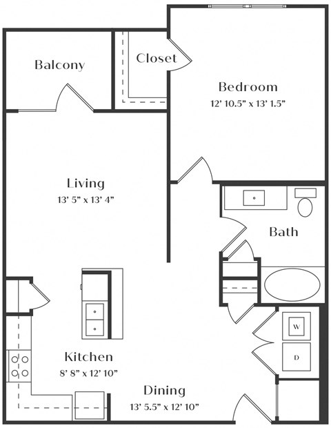 Floor plan for 1 bed, 1 bath, 776 sqft